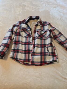 Patriotic Sherpa-Lined Plaid Shirt Jacket - Cream, Red & Navy